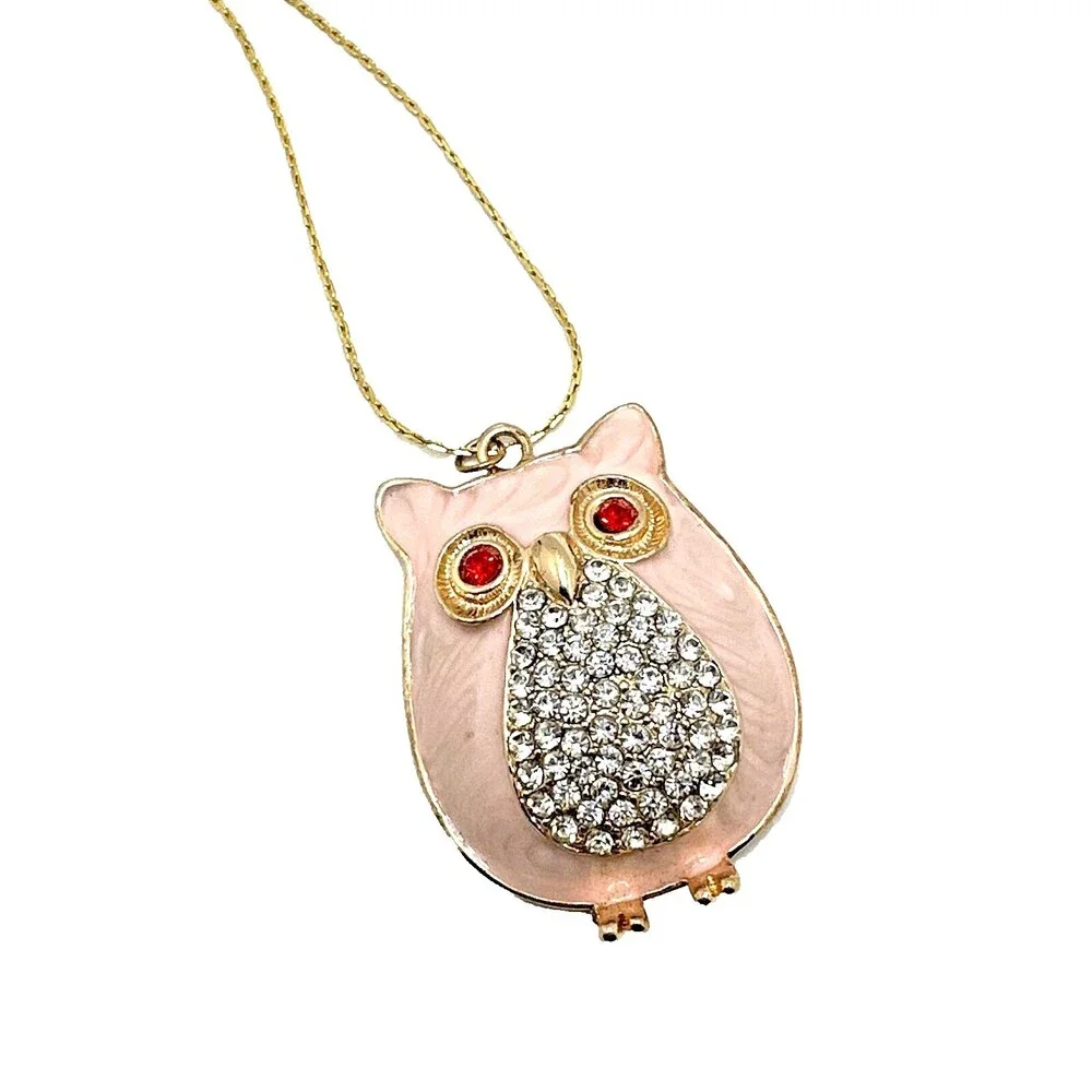 Vintage 80s Large Rhinestone Owl Pendant Necklace Pink Enamel Red Eyes Crystals